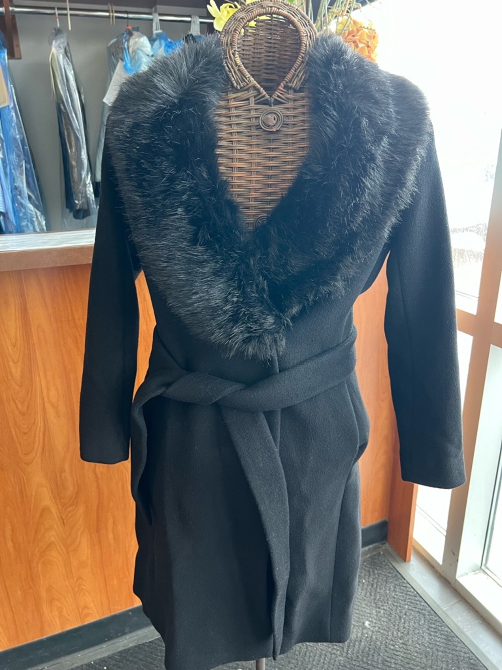 Club Monaco Black Wool-Blend Wrap Coat with Faux Fur Collar